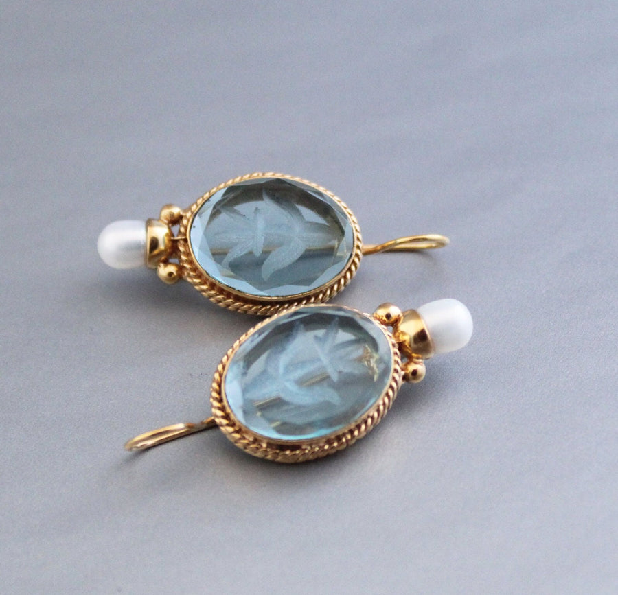 Blue Glass Intaglio Earrings, Victorian Style, Gold, photo 4