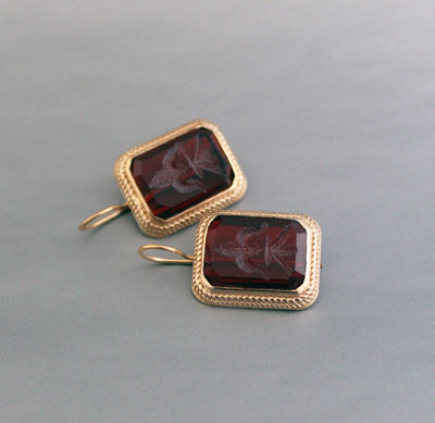 Red Rectangular Intaglio Earrings, Victorian Style, Gold Plated, photo 9