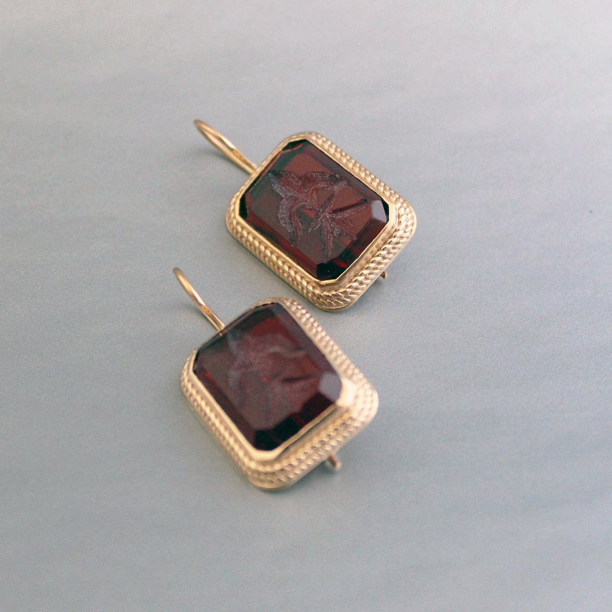 Red Rectangular Intaglio Earrings, Victorian Style, Gold Plated, photo 10