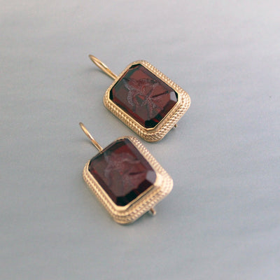 Red Rectangular Intaglio Earrings, Victorian Style, Gold Plated, photo 10
