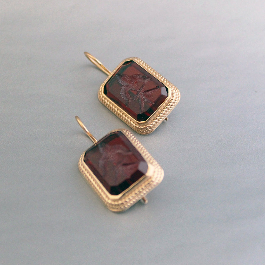 Red Rectangular Intaglio Earrings, Victorian Style, Gold Plated, photo 10