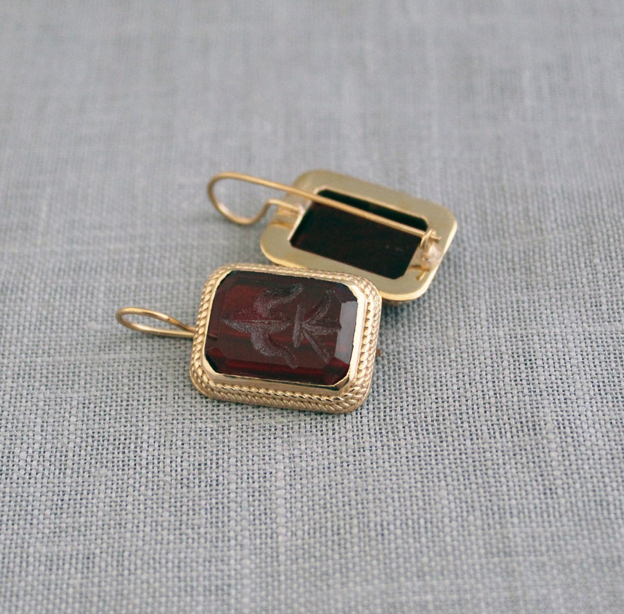 Red Glass Intaglio Earrings, Vintage Victorian Style, Gold Vermeil, photo 5