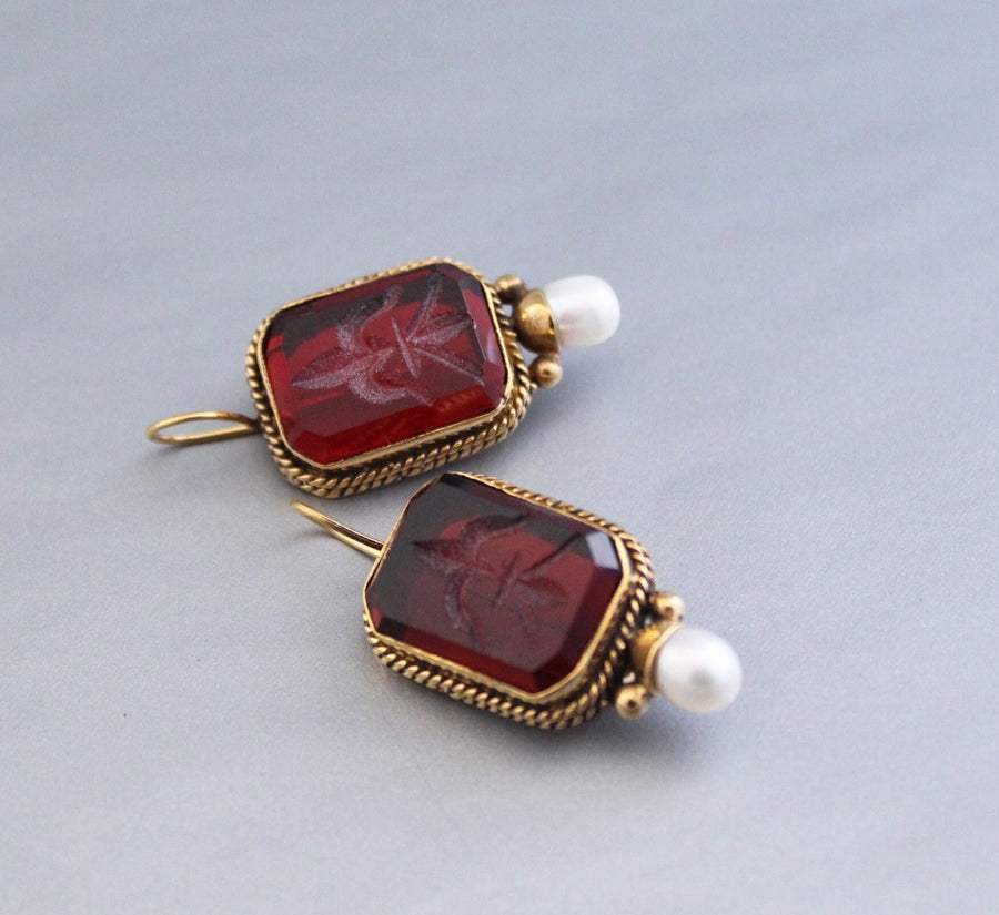 Red Intaglio Earrings, Victorian Art Deco Pearl Style, photo 5