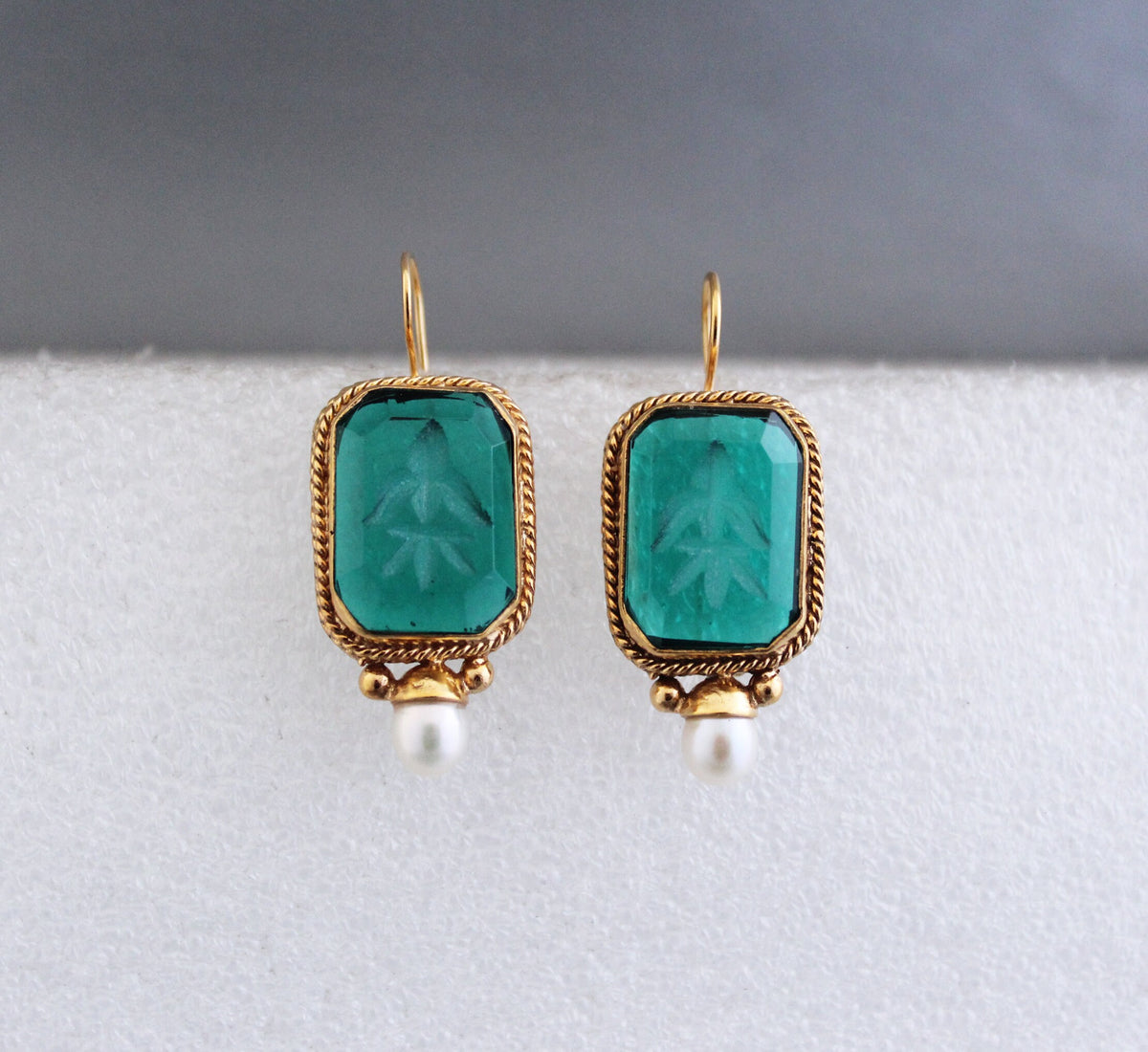 Intaglio Glass Earrings, Vintage Victorian Brass with Pearl, photo 8