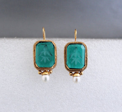 Intaglio Glass Earrings, Vintage Victorian Brass with Pearl, photo 8