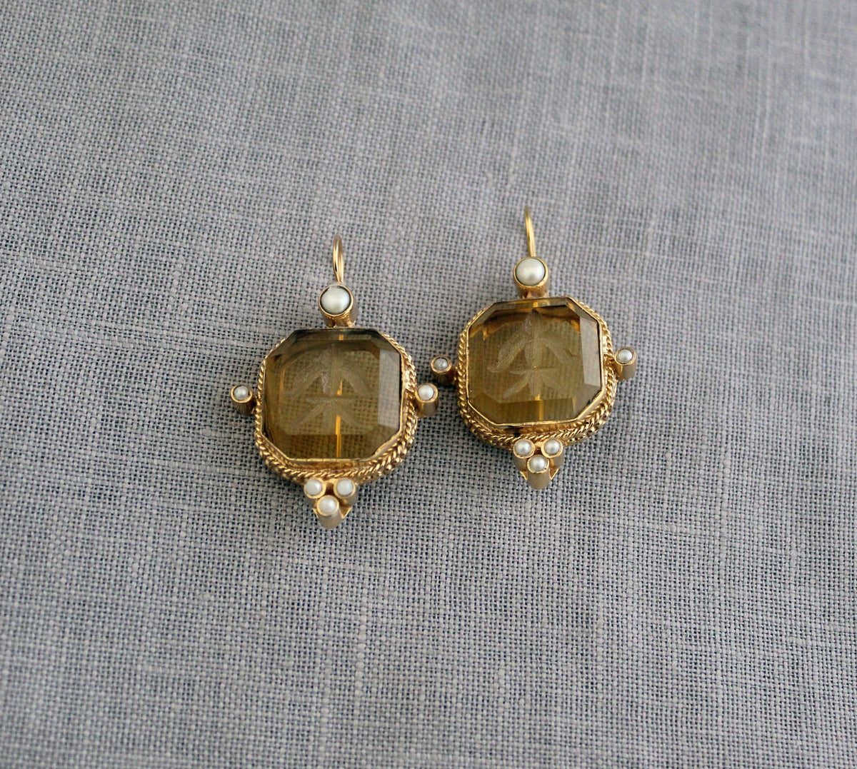 Yellow Glass Intaglio Earrings, Victorian Bridal, Brass with Pearls, photo 12