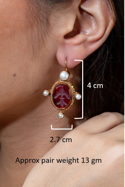 Green Glass Intaglio Earrings, Oval Pearl Accent, 18K Gold, photo 3