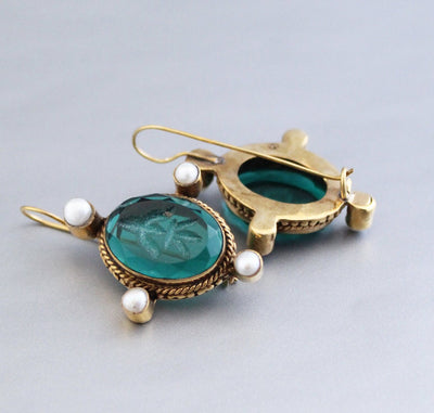 Green Glass Intaglio Earrings, Edwardian Style, Gold Vermeil with Pearls, photo 6