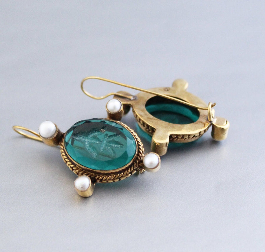 Green Glass Intaglio Earrings, Edwardian Style, Gold Vermeil with Pearls, photo 6