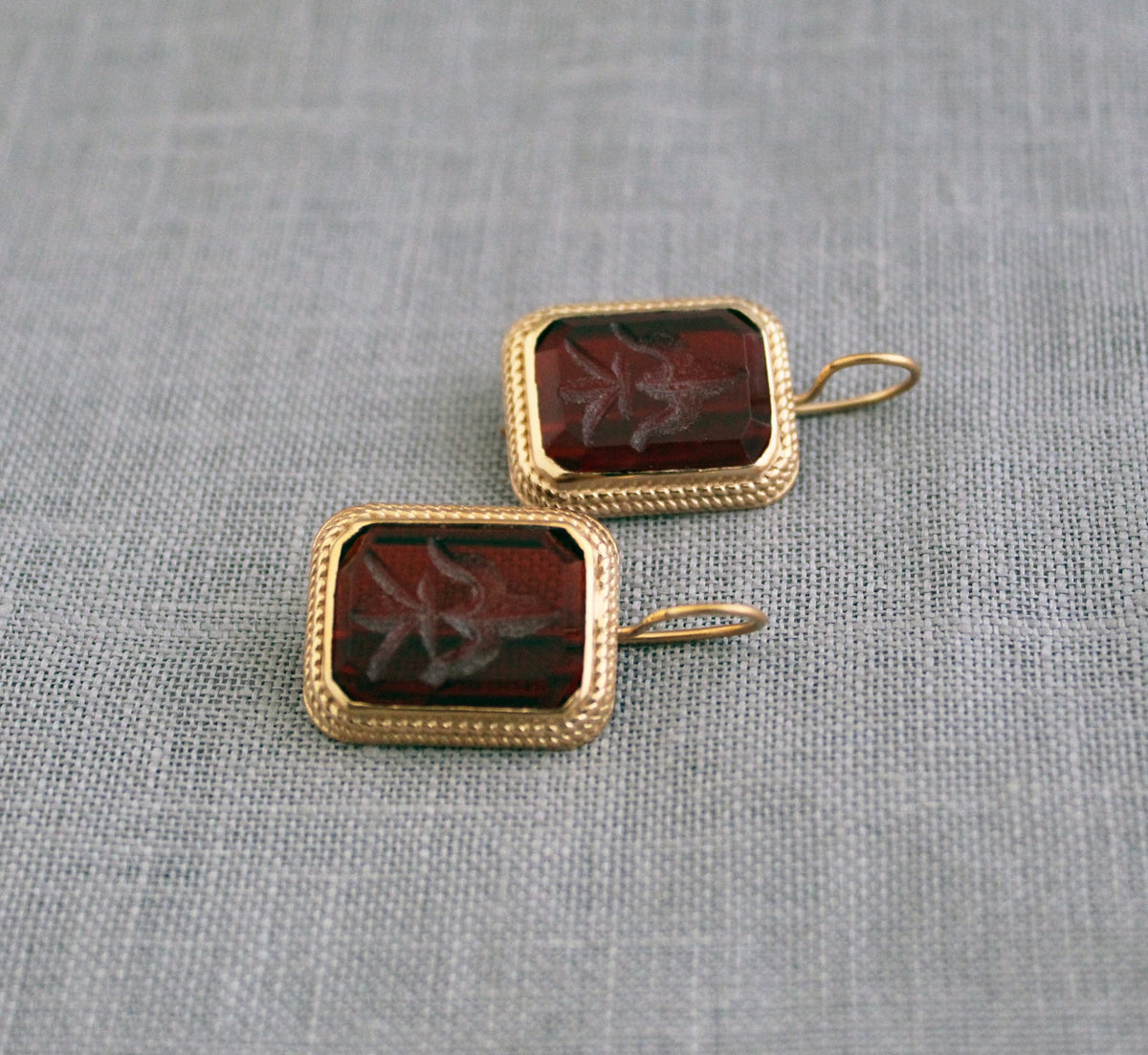 Red Glass Intaglio Earrings, Vintage Victorian Style, Gold Vermeil, photo 6