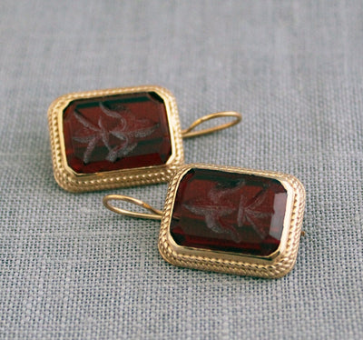 Red Rectangular Intaglio Earrings, Victorian Style, Gold Plated, photo 6