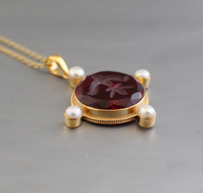 Quartz Intaglio Necklace, Victorian Style, 18K Gold Vermeil with Pearls, photo 5