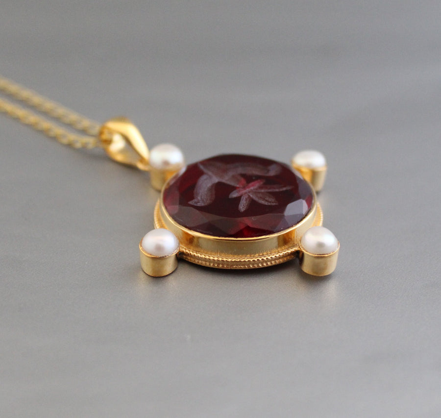 Quartz Intaglio Necklace, Victorian Style, 18K Gold Vermeil with Pearls, photo 5