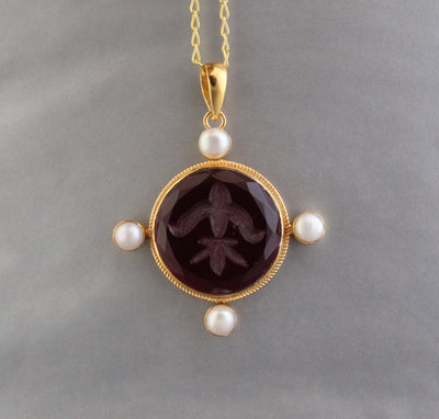 Quartz Intaglio Necklace, Victorian Style, 18K Gold Vermeil with Pearls, photo 4