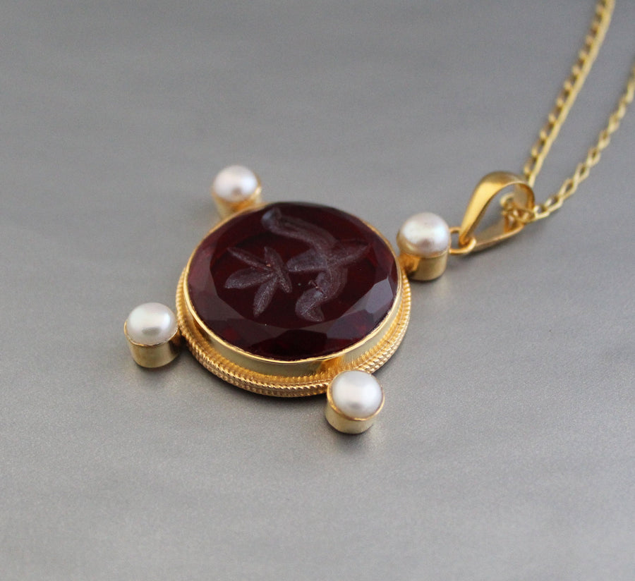Quartz Intaglio Necklace, Victorian Style, 18K Gold Vermeil with Pearls, photo 6
