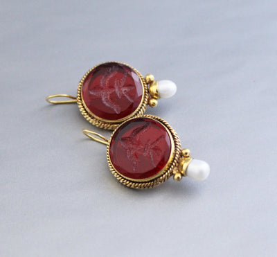 Red Intaglio Crystal Earrings, Gold Filled, photo 4