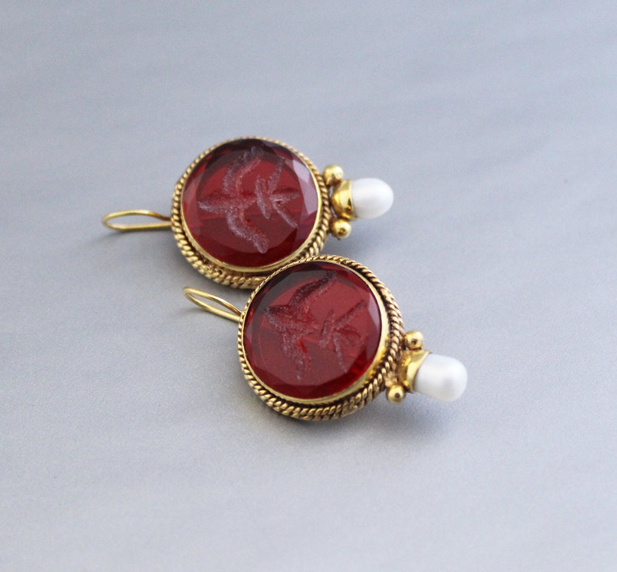 Red Intaglio Crystal Earrings, Gold Filled, photo 4