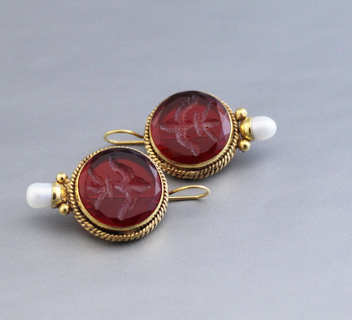Red Intaglio Crystal Earrings, Gold Filled, photo 5