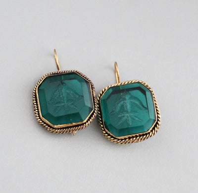 Green Glass Intaglio Earrings, Vintage Cameo Style, 18K Gold, photo 10