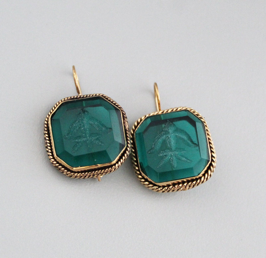 Green Glass Intaglio Earrings, Vintage Cameo Style, 18K Gold, photo 10