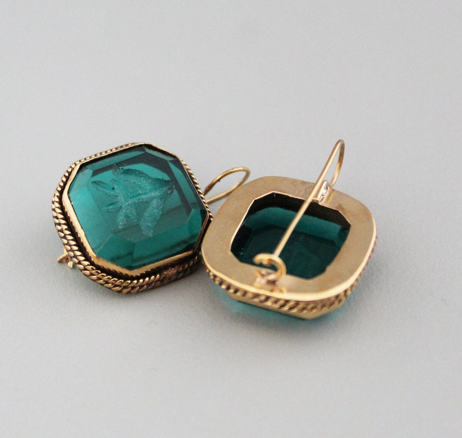 Green Glass Intaglio Earrings, Vintage Cameo Style, 18K Gold