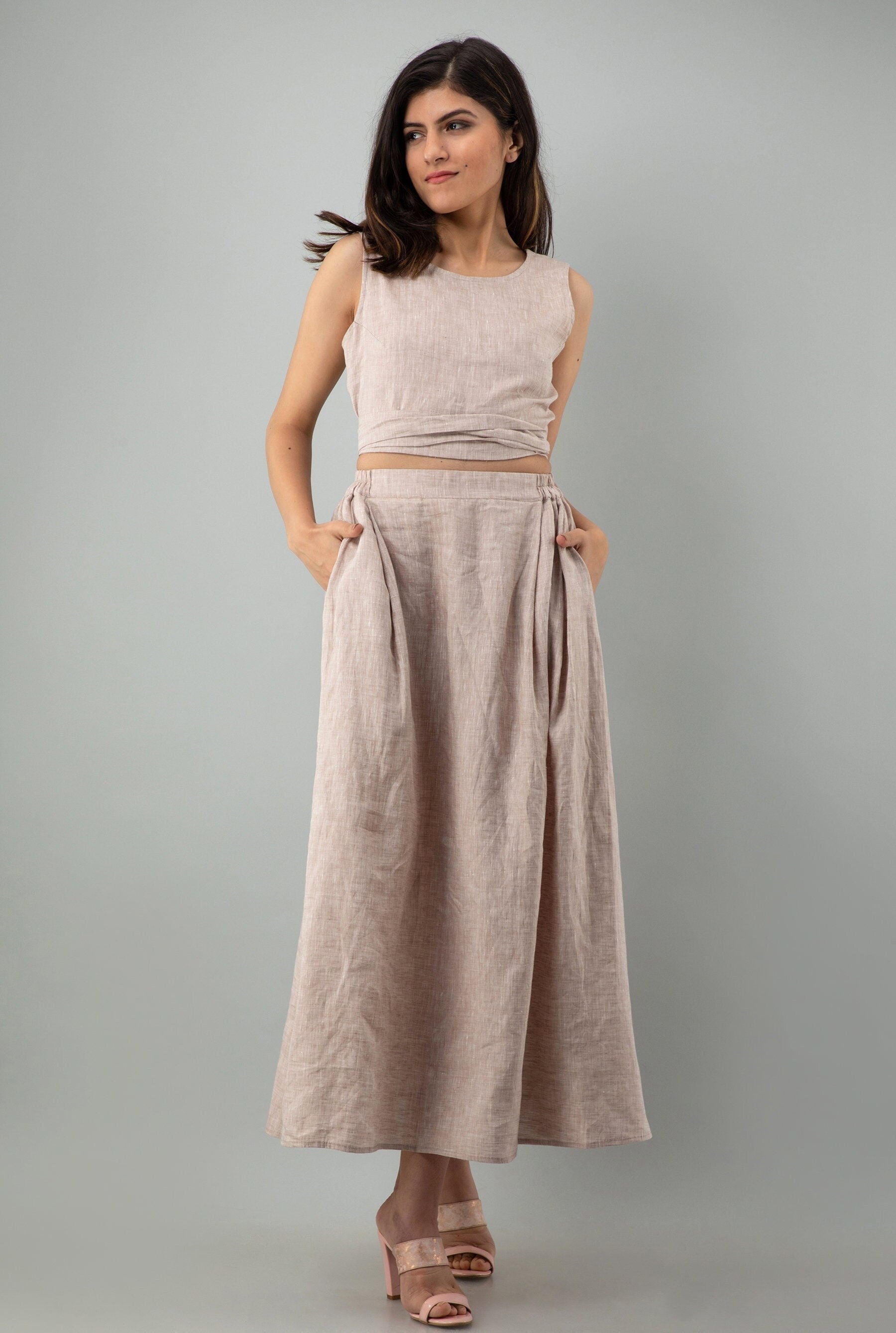 Linen Crop Top and Maxi Skirt Set: Back Tie Top, Natural Flax Half Elastic Skirt