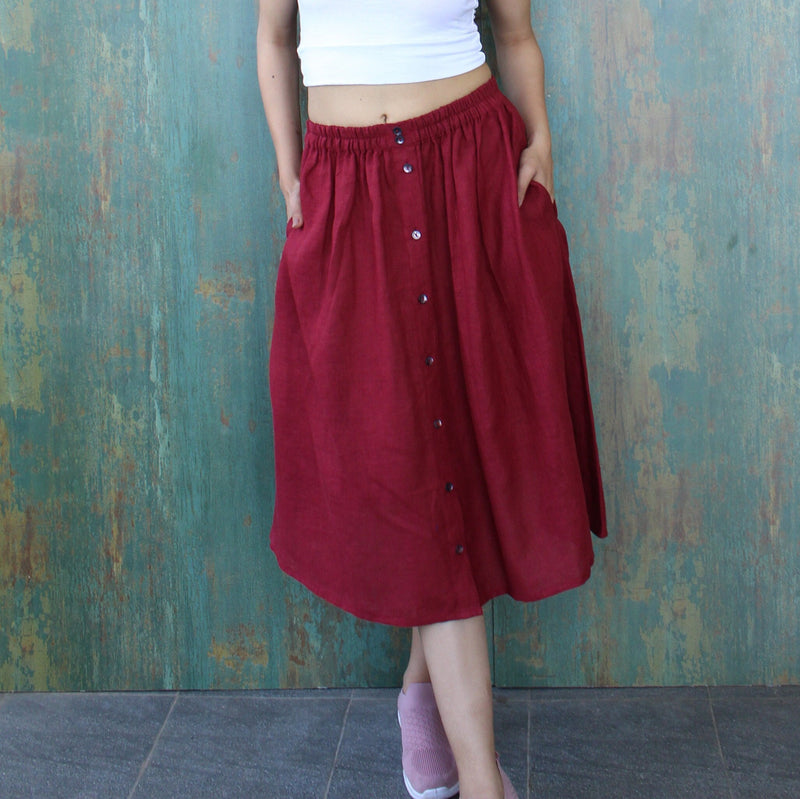 Linen Cotton Blend Midi Skirt: Flared A-Line Plus Size