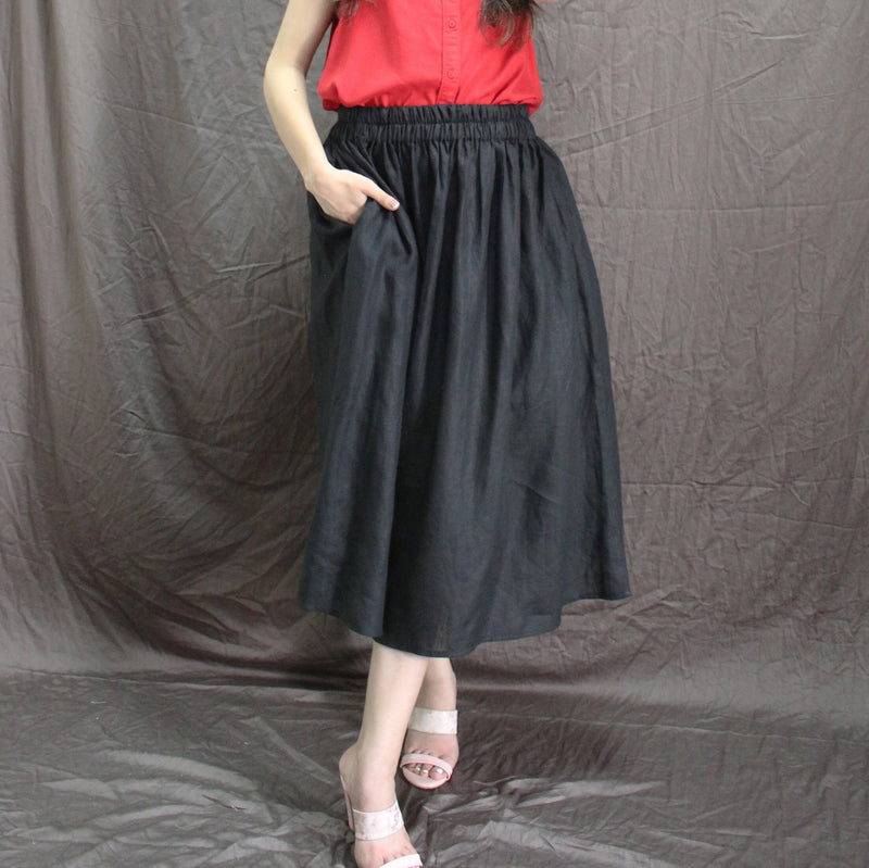 Black Linen Midi Skirt: Pleated Flared Skirt with Pockets