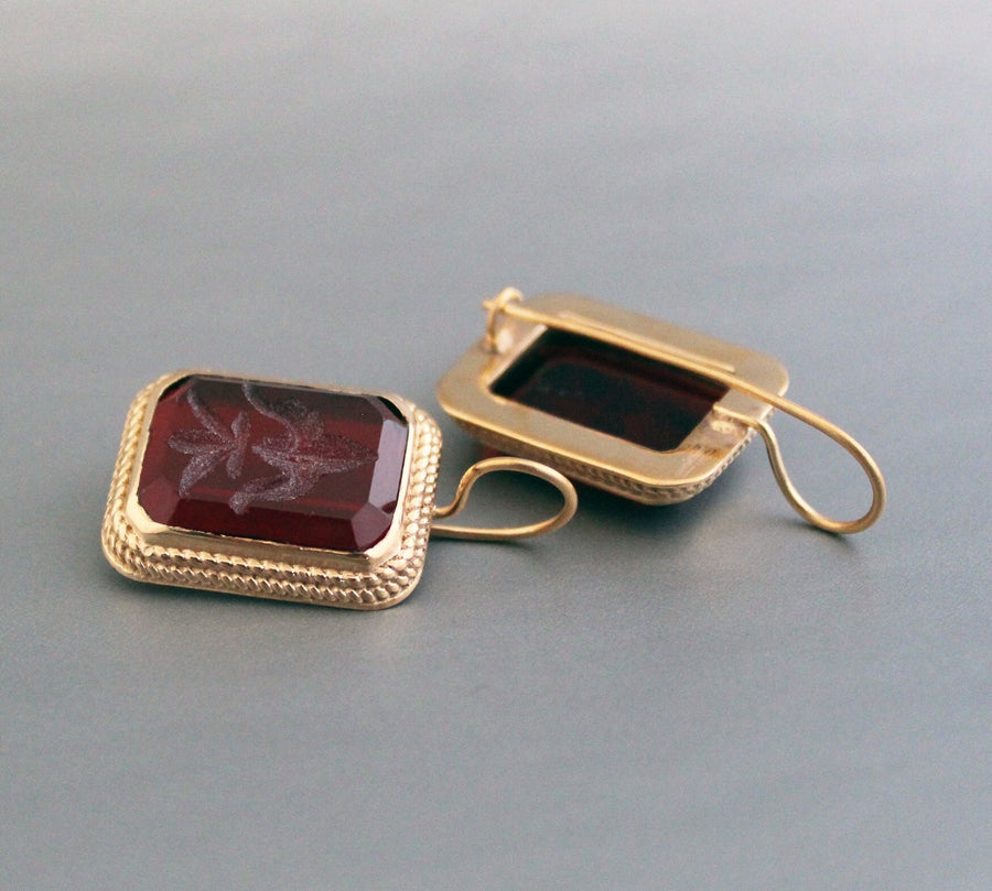 Red Rectangular Intaglio Earrings, Victorian Style, Gold Plated, photo 2