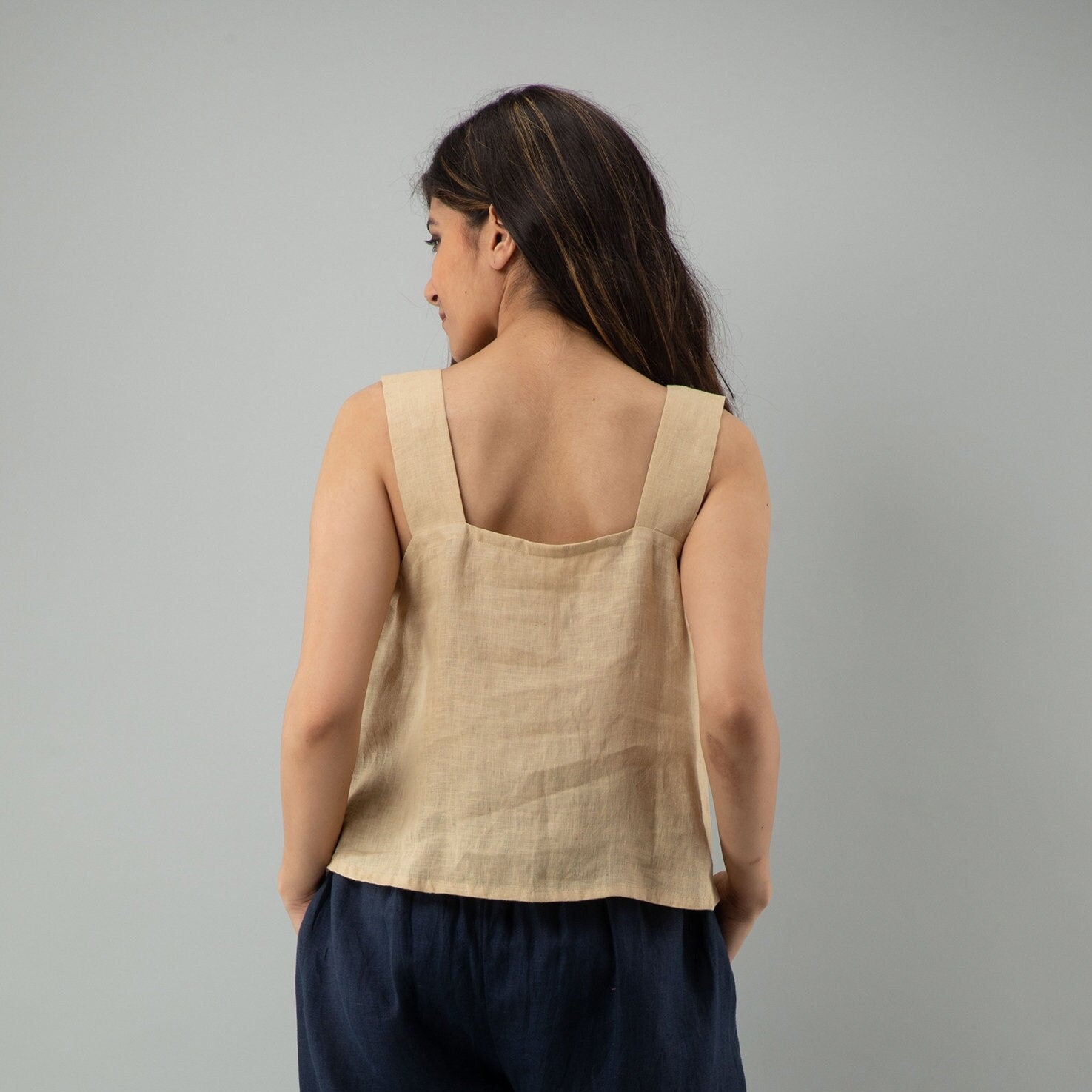 Beige Linen Crop Top: Sleeveless Square Neck Blouse, Linen Tank Top, Washed soft linen top, Women's shirt, Loose linen blouse