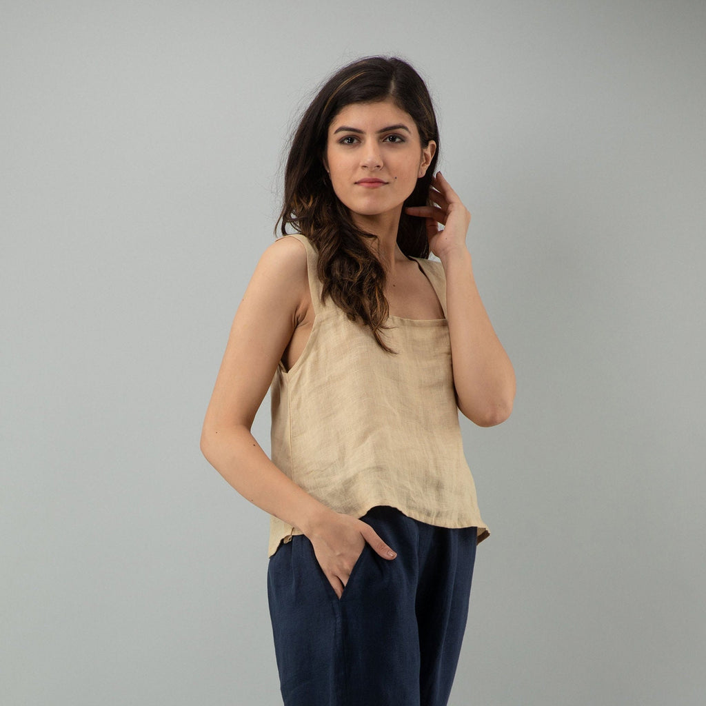 Beige Linen Crop Top: Sleeveless Square Neck Blouse, Linen Tank Top, Washed soft linen top, Women's shirt, Loose linen blouse