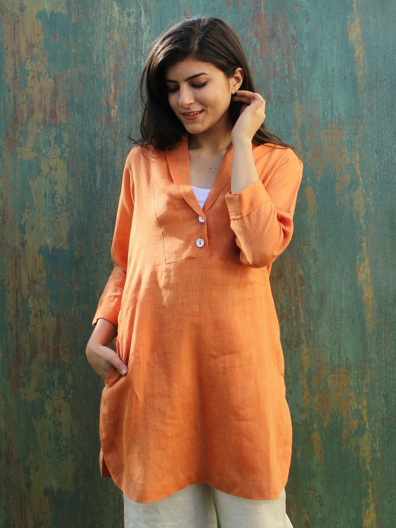 V-Neck Linen Tunic Dress, 3/4 Sleeves, photo 2