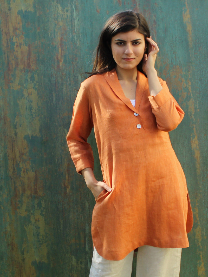 V-Neck Linen Tunic Dress, 3/4 Sleeves, photo 3