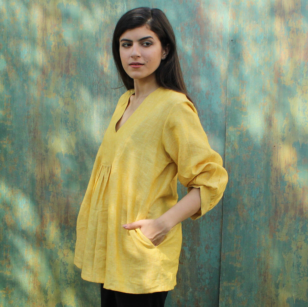 Honey Yellow Linen Blouse: V-Neck Long Sleeve Relaxed Fit