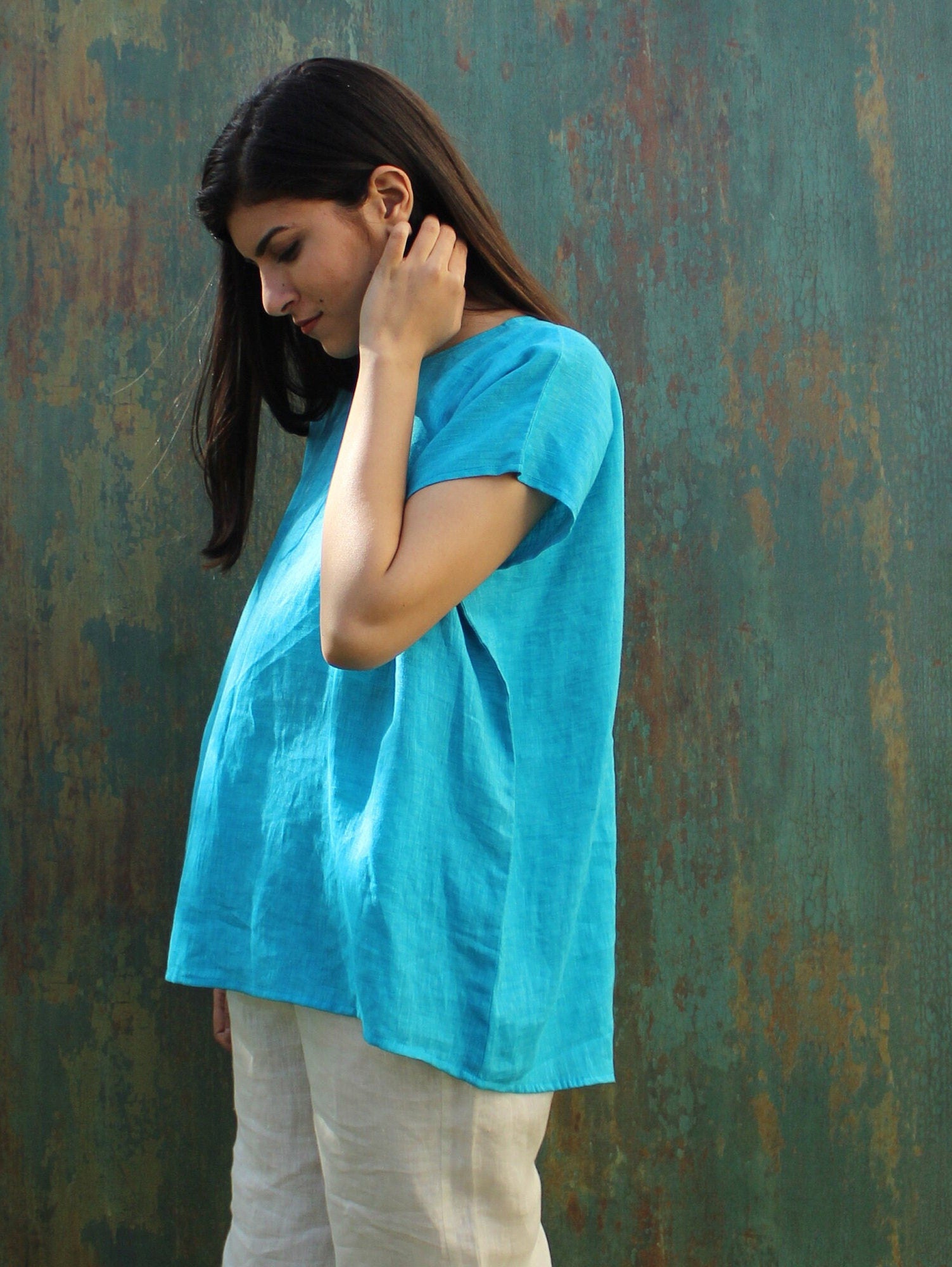 Square Linen Top, Oversized Linen Top, Blue Linen Dress, Plus Size Clothing, cottagecore blouse, victorian blouse, Natural linen top