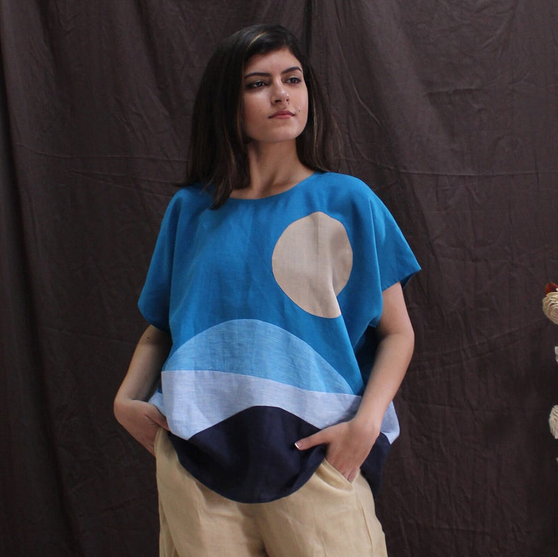 Sky Blue Abstract Linen Top, photo 3