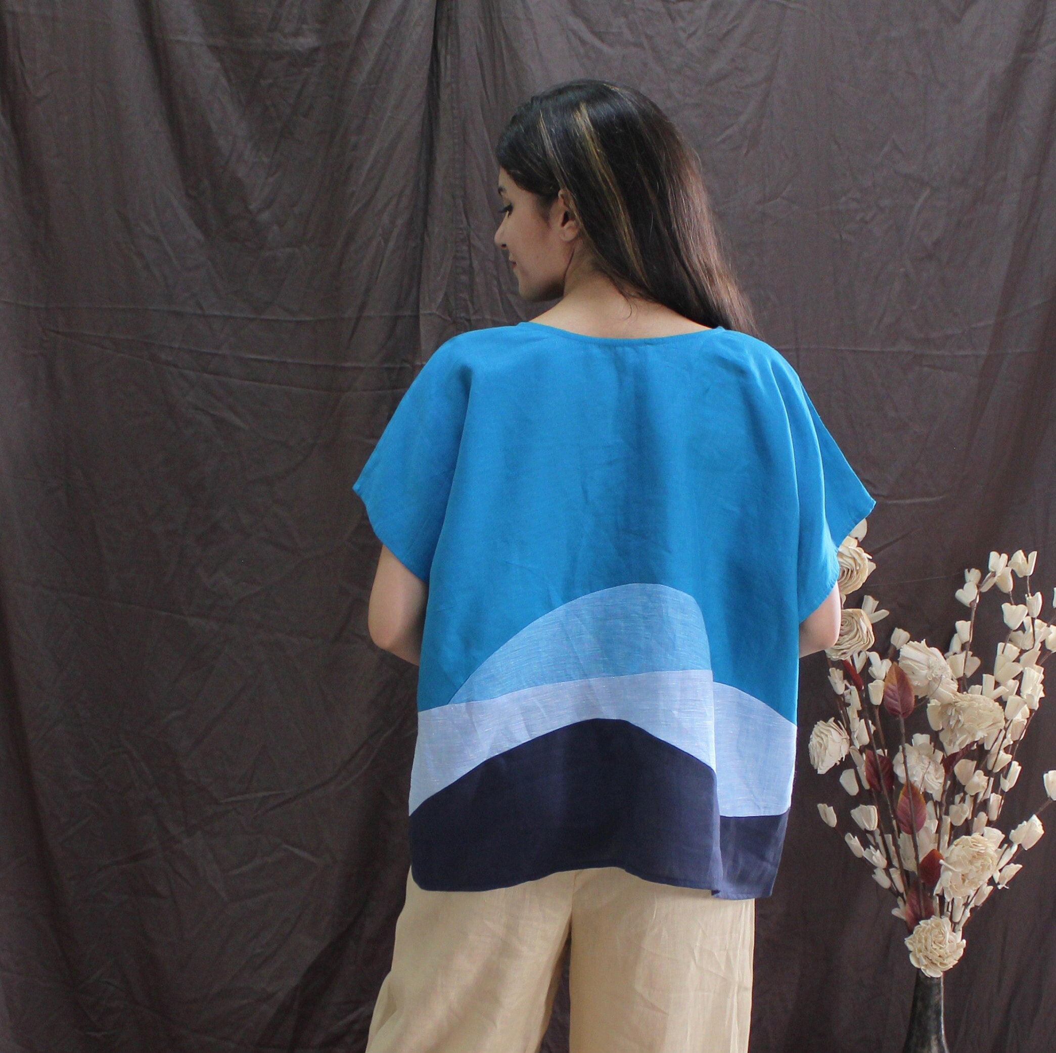Sky Blue Abstract Linen Top, Artistic Square Fit Patchwork Blouse for Women, Handmade Colorblock Boho Shirt
