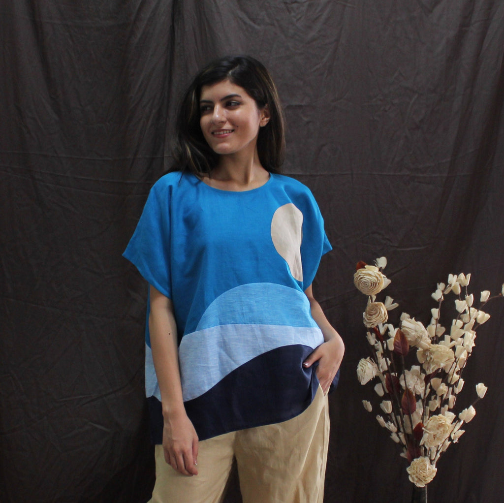 Sky Blue Abstract Linen Top, Artistic Square Fit Patchwork Blouse for Women, Handmade Colorblock Boho Shirt