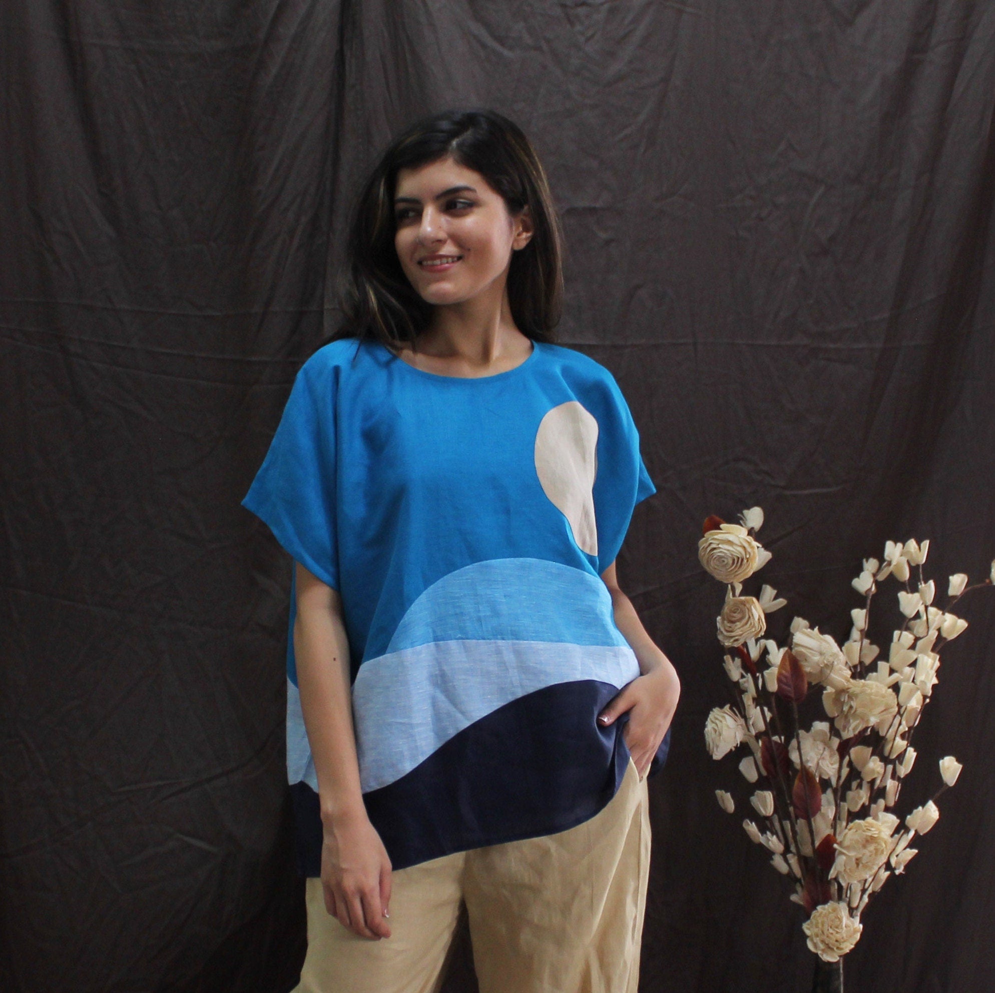 Sky Blue Abstract Linen Top, Artistic Square Fit Patchwork Blouse for Women, Handmade Colorblock Boho Shirt