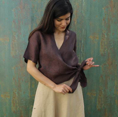 Brown Linen Tie-Front Wrap Top, photo 2