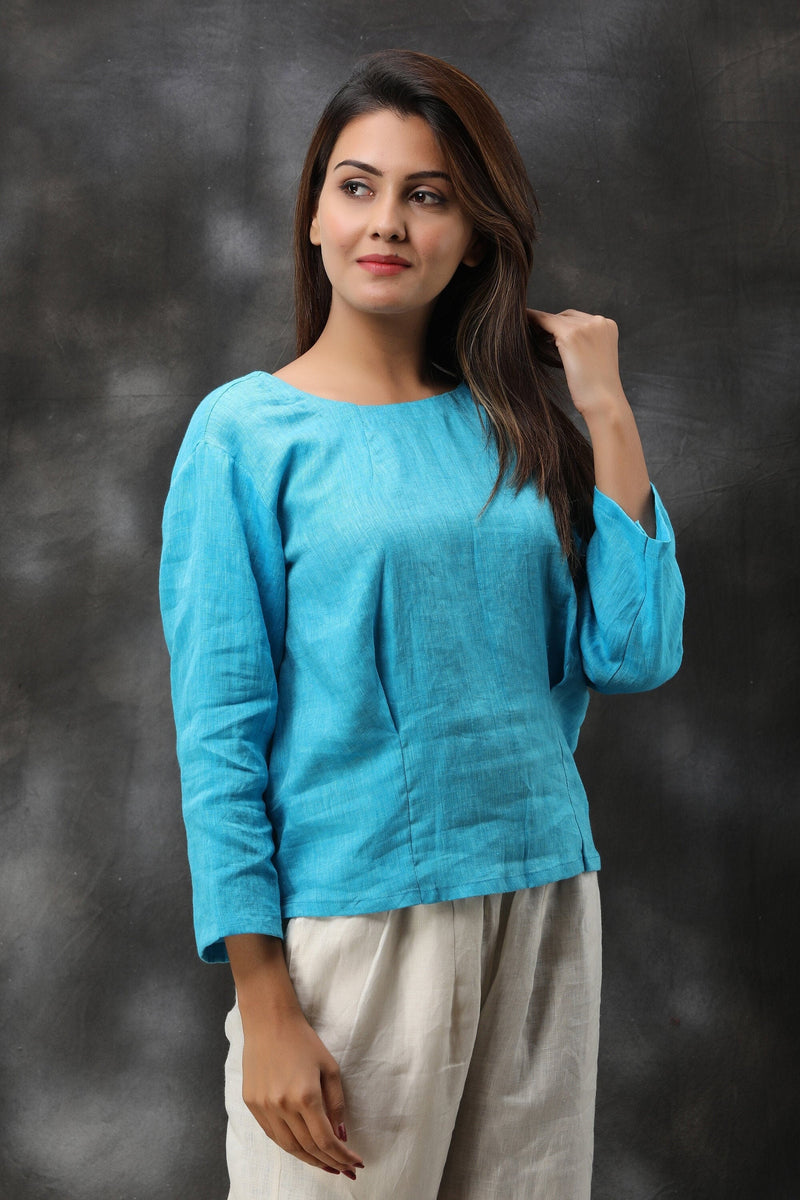 Sky Blue Linen Top, 3/4 Sleeve, photo 2