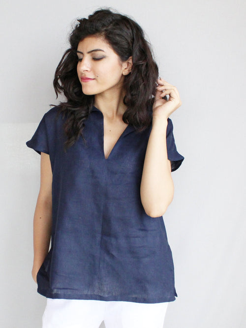 Handmade Linen Blouse: Loose V-Neck Boho Top, Casual Top, Women Blouse, Short Shirt, Loose Fit Tee, Summer Blouse