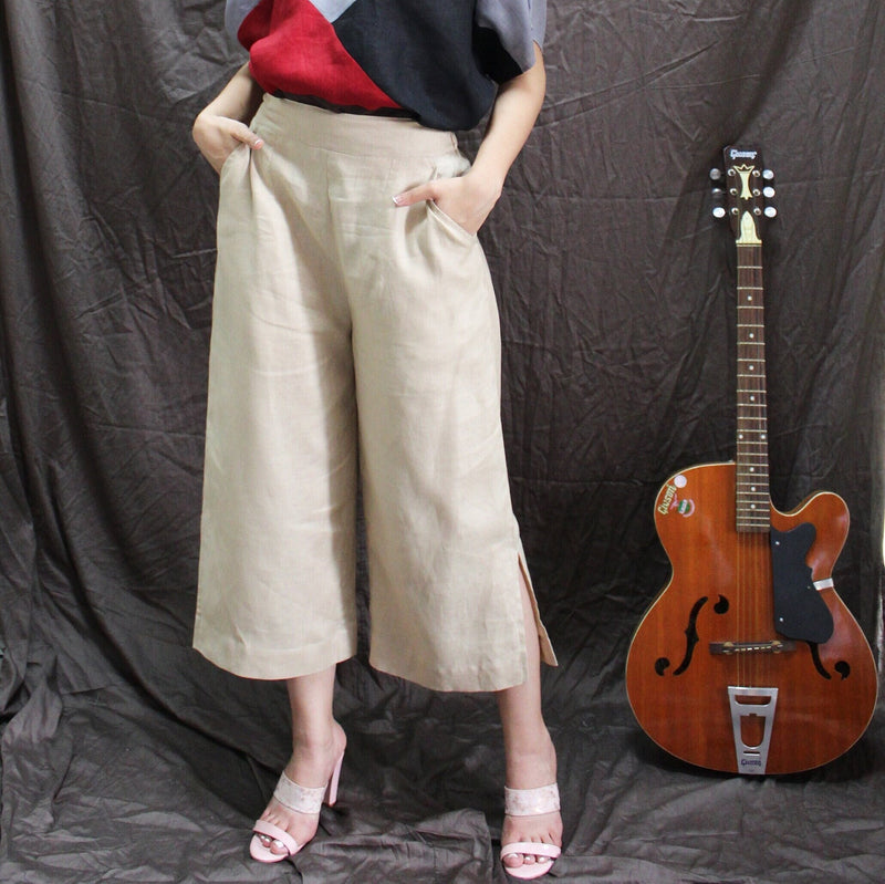 Beige Wide Leg Linen Culottes: Cropped Trousers with Side Slit