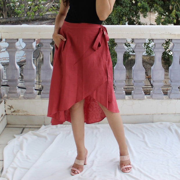 High Waist Linen Wrap Midi Skirt