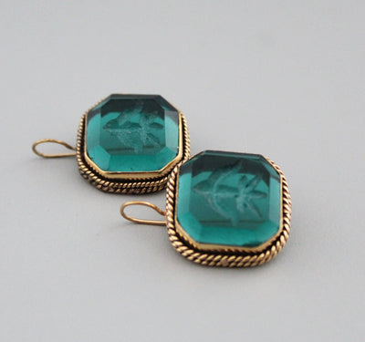 Green Glass Intaglio Earrings, Vintage Cameo Style, 18K Gold, photo 7