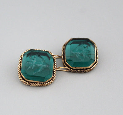 Green Glass Intaglio Earrings, Vintage Cameo Style, 18K Gold, photo 9