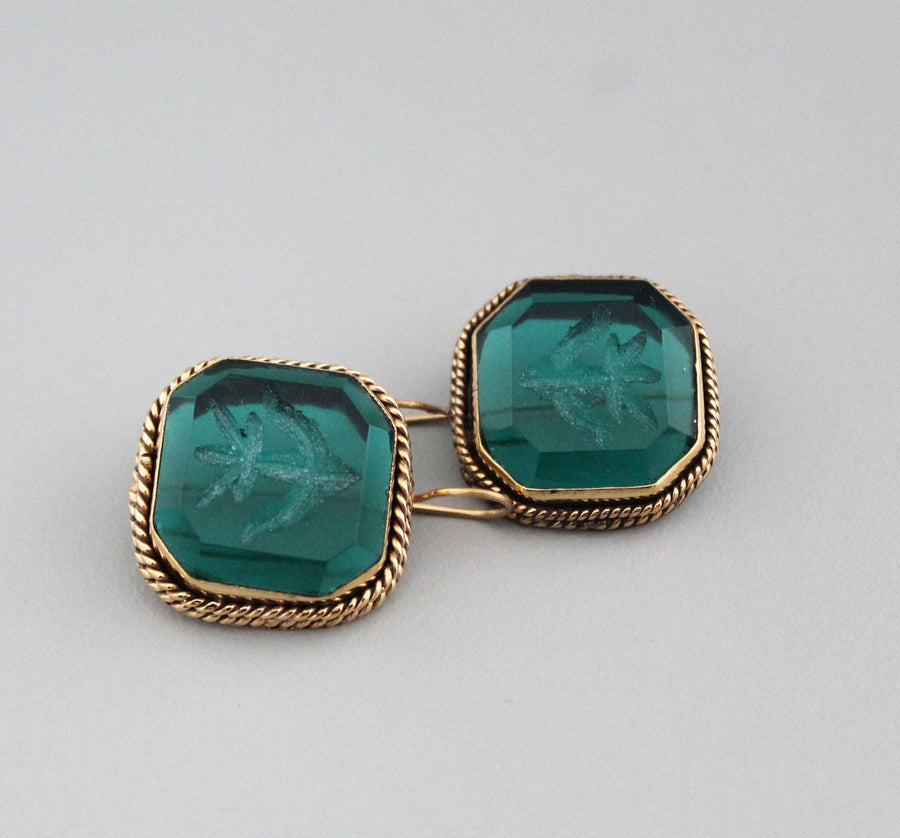 Green Glass Intaglio Earrings, Vintage Cameo Style, 18K Gold, photo 9
