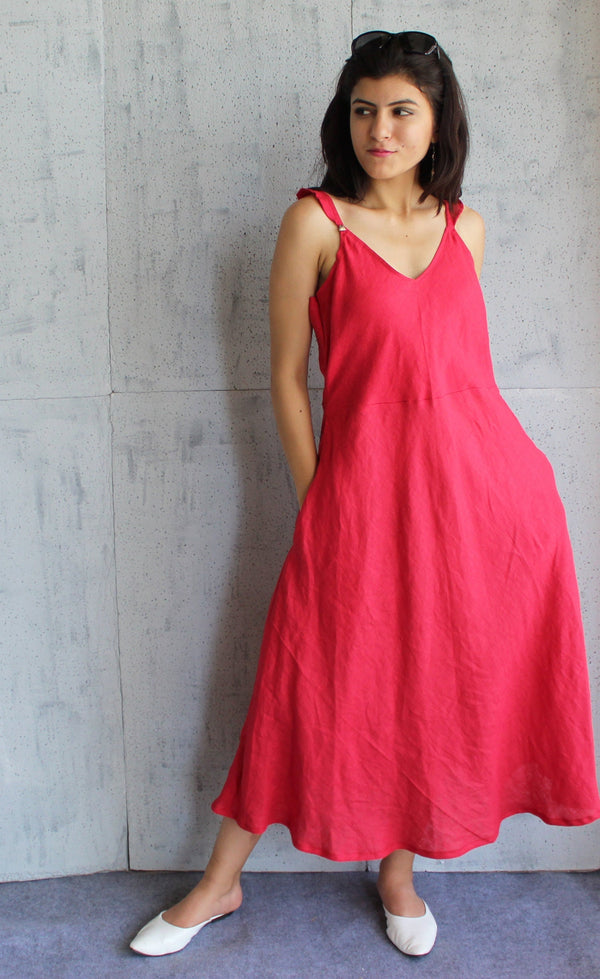 Linen Strappy Midi Dress, Sleeveless Summer Sundress for Women, Flowy A-Line Vacation Outfit, Lightweight Natural Fabric Dress with Pockets