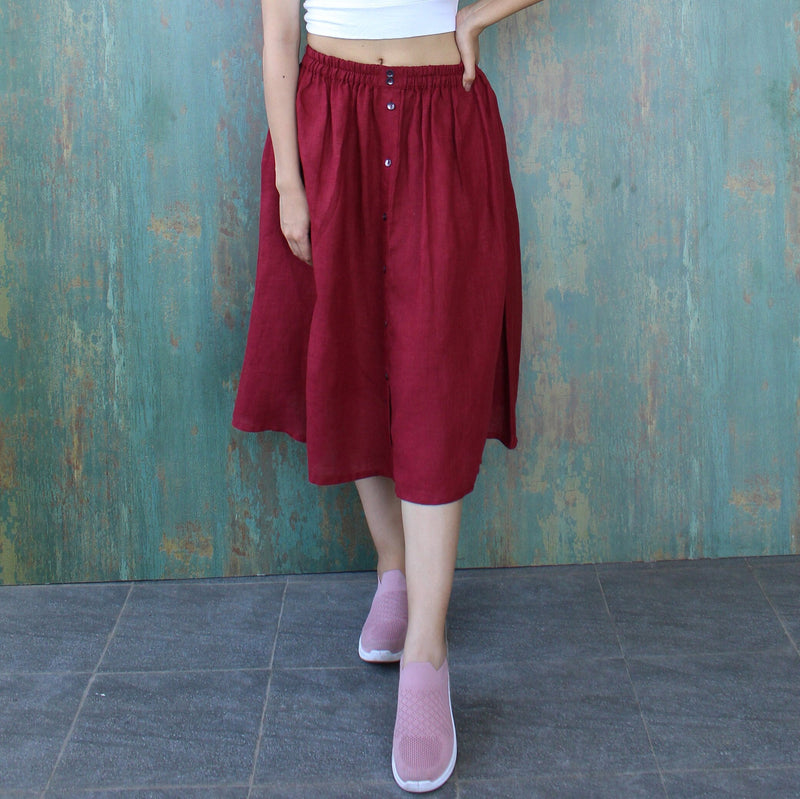 Linen Cotton Blend Midi Skirt: Flared A-Line Plus Size