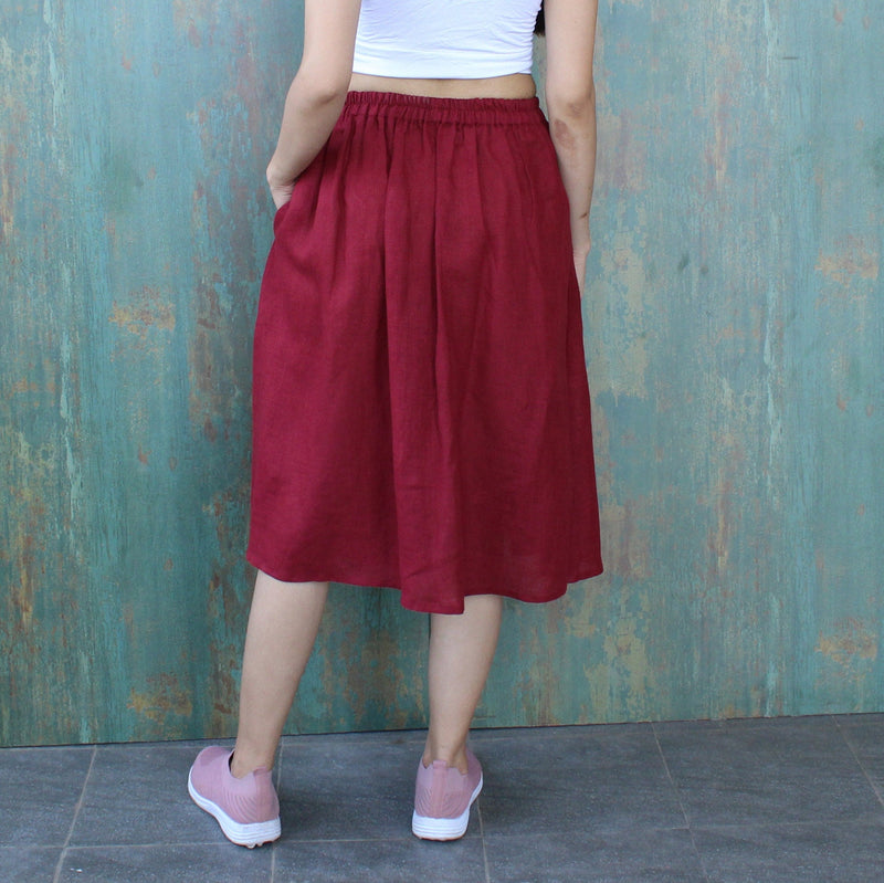 Linen Cotton Blend Midi Skirt: Flared A-Line Plus Size